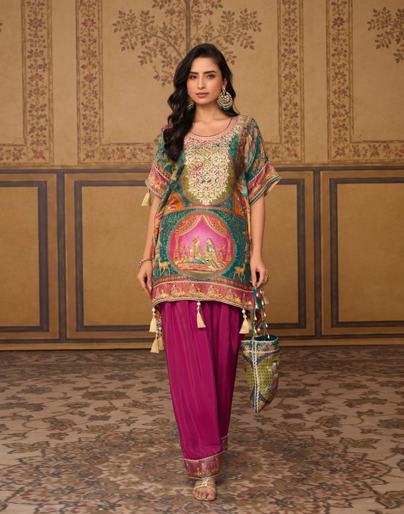 Dori By Sayuri Viscose Position Jacquard Silk Kaftan Top With Bottom
